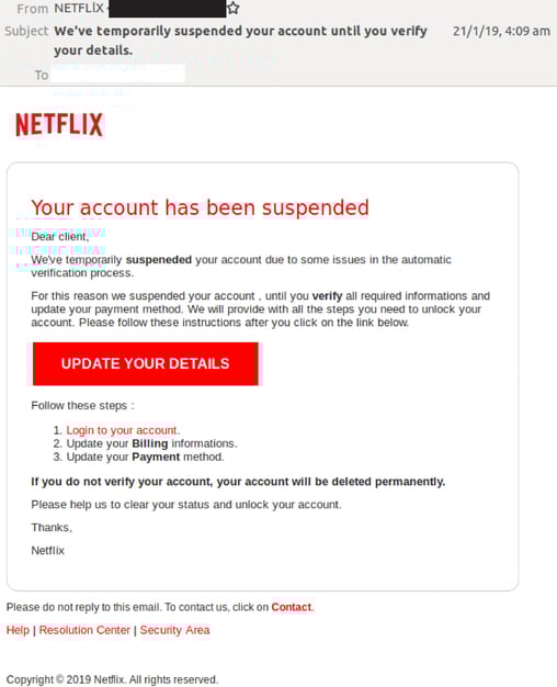 Malicious email purporting to be from ‘NETFLlX’ delivers phishing attack